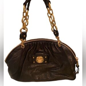 Authentic Marc Jacobs Black
Leather Capra Ruched Satchel Bag w/ Gold Handles.